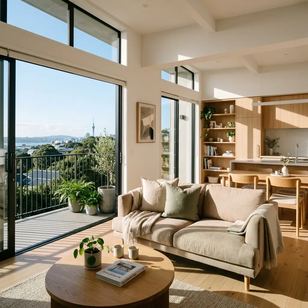 Bright, tidy living room with views across Auckland